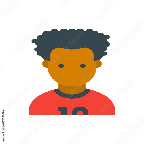 Illustration of a dark skinned person with curly hair wearing a red shirt with the number ten on it