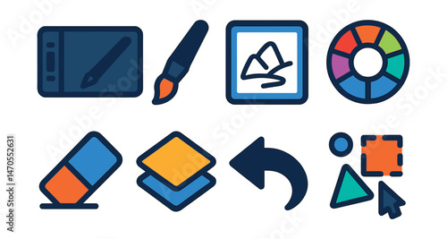 Flat vector icons of digital drawing tools: graphic tablet with pen, stylus brush tip, tablet screen with sketch, color palette wheel, digital eraser tool, layer icon, undo arrow, shape tool selector