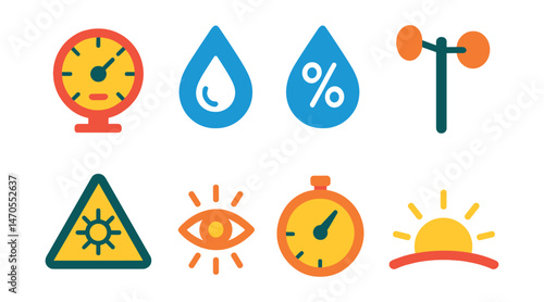 Flat vector icons of atmospheric elements: pressure gauge, dew point, humidity level, wind speed meter, UV warning, visibility icon, barometer, sunrise.