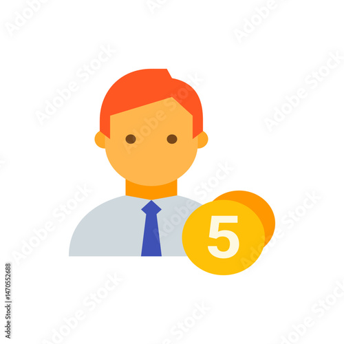 Illustration of a man with orange hair and a blue tie next to two coins with the number five on one 100