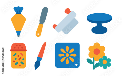 Flat vector icons of decorating tools: piping bag, frosting knife, fondant roller, cake turntable, sprinkle shaker, edible paintbrush, stencil, sugar flowers.