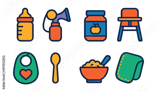 Flat vector icons of baby feeding: nursing bottle, breast pump, baby food jar, high chair, bib, spoon, cereal bowl, burp cloth.