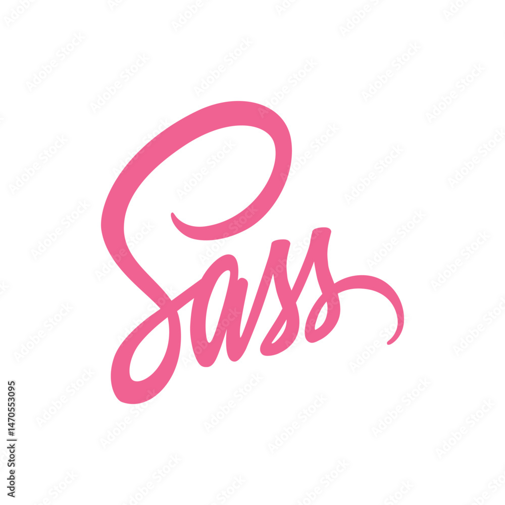 Fototapeta premium Pink cursive text displaying the word sass in a stylized and decorative handwritten font on white background
