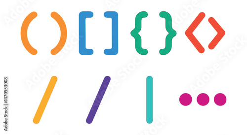 Flat vector icons of brackets and slashes: round parentheses ( ), square brackets [ ], curly braces { }, angle brackets < >, forward slash (/), backslash (), vertical bar (|), ellipsis (…).