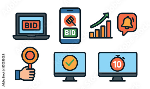 Flat vector icons of online auction interface: laptop with bid button, mobile auction app, digital gavel symbol, bid history graph, real-time bid alert, virtual paddle tap, winning bid notification,