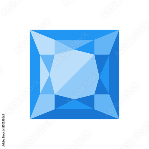 Illustration of a square cut gemstone in shades of blue with geometric facets and internal reflections