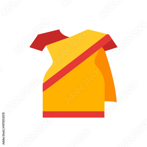Illustration of a traditional yellow saree with a red border and short sleeved blouse on a white background