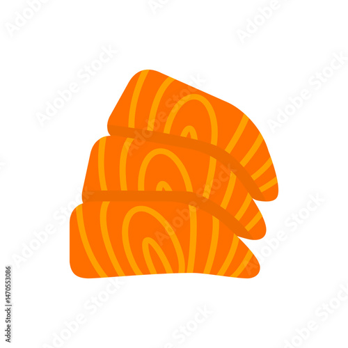 Illustration of three stacked slices of salmon sashimi with visible fat marbling on a white background