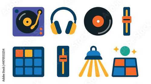 Flat vector icons of DJ equipment: turntable, DJ headphones, vinyl disc, mixer fader, beat pad, tempo slider, light effect, dance floor icon.