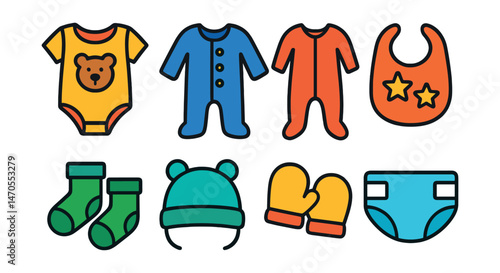 Flat vector icons of baby clothes: onesie with bear print, baby romper, footed pajamas, bib with stars, baby socks, baby cap with ears, soft mittens, diaper with tabs.