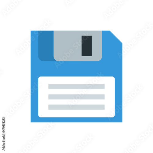 Illustration of a blue floppy disk with a gray shutter and a white label area on a white background