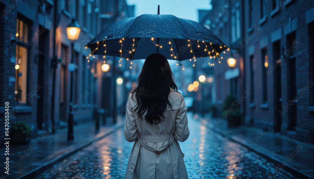 Obraz premium A woman stands with her back to the camera, holding an umbrella adorned with fairy lights in a wet, atmospheric street scene at twilight.
