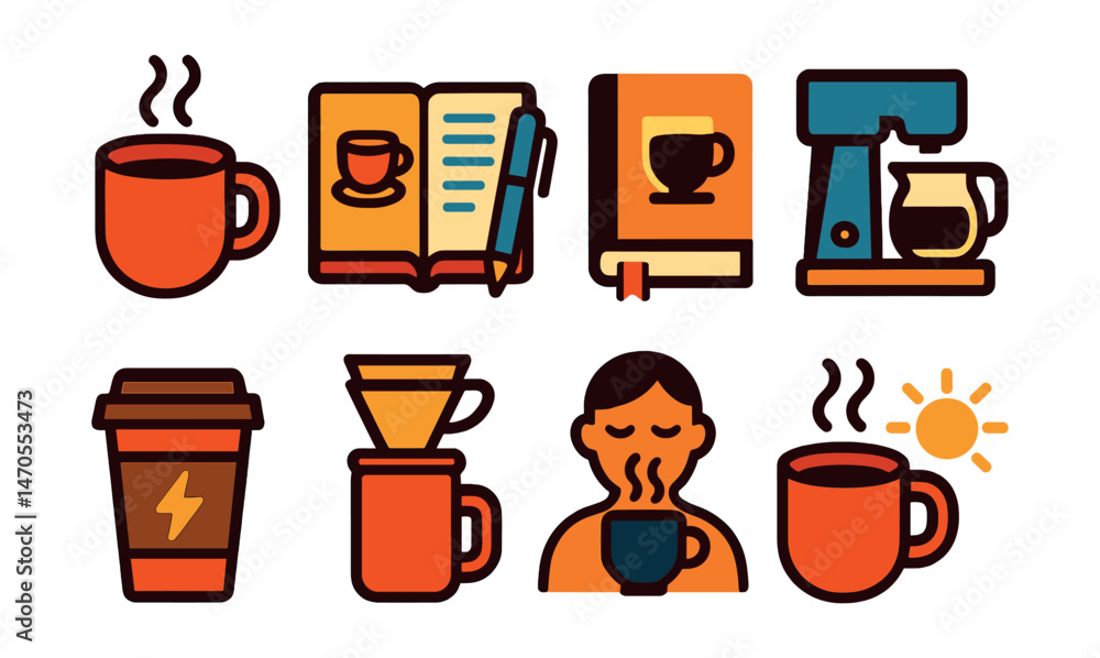 Flat vector icons of coffee lifestyle: daily brew, coffee journaling, recipe book, home brewing setup, caffeine boost, slow coffee, mindful sip, morning ritual. Flat vector icons of coffee lifestyle: daily brew, coffee journaling, recipe book, home brewing setup, caffeine boost, slow coffee, mindful sip, morning ritual.