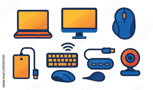 Flat vector icons of computer technology: laptop with glowing screen, desktop monitor, wireless keyboard, ergonomic mouse, external hard drive, gaming PC tower, USB-C hub, webcam.
