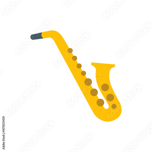 Illustration of a yellow saxophone with brown circular keys and a gray mouthpiece on a white background
