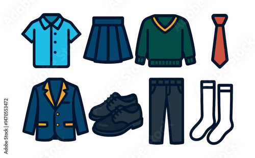 Flat vector icons of school clothes: collared shirt, pleated skirt, uniform sweater, necktie, school blazer, black shoes, trousers with belt loops, knee-high socks.