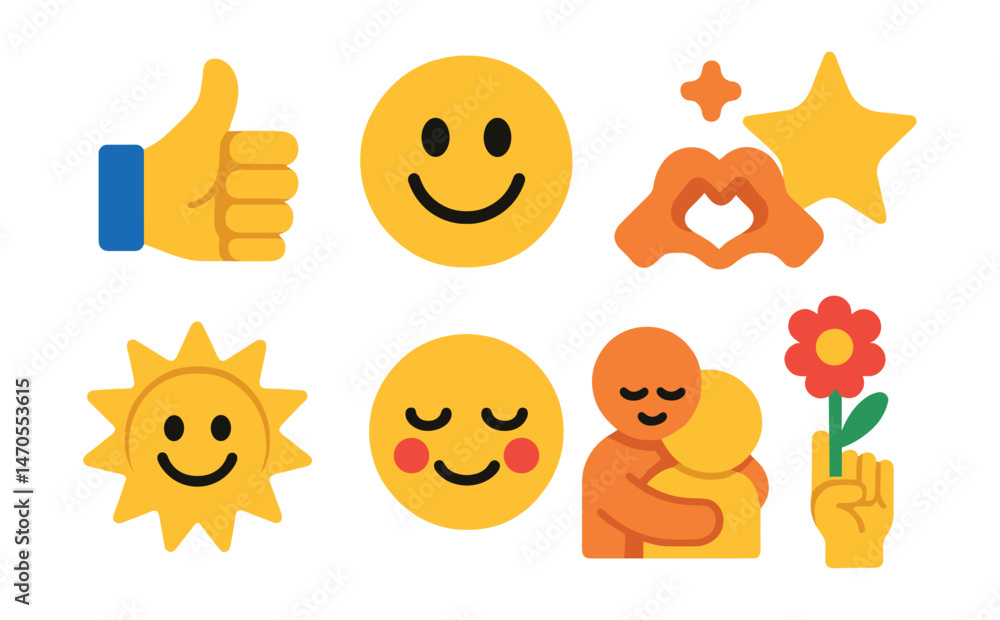 Obraz premium Flat vector icons of positive emotions and gratitude: thumbs up, smiling face, heart hands, star sparkles, cheerful sun, grateful eyes, hug icon, raised hand with flower.