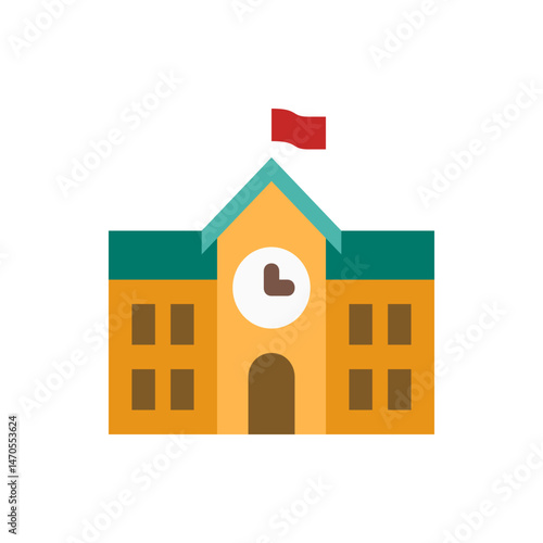 Illustration of a school building with a clock and a flag on top of the structure in bright colors