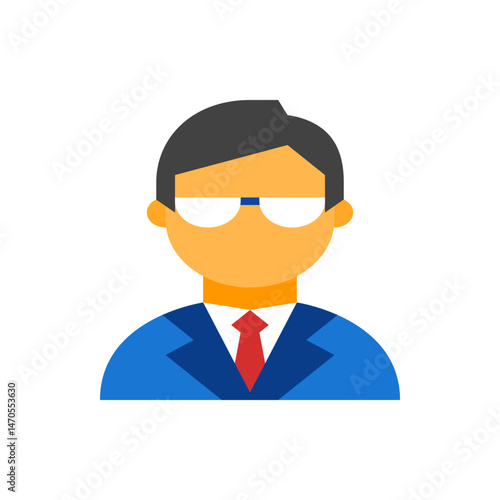 Illustration of a man wearing glasses, a blue suit, and a red tie, depicted in a flat vector style