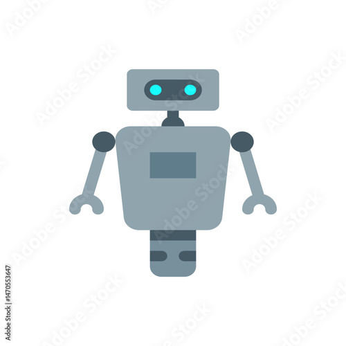 Illustration of a simple gray robot with a rectangular head and body and circular arm joints design