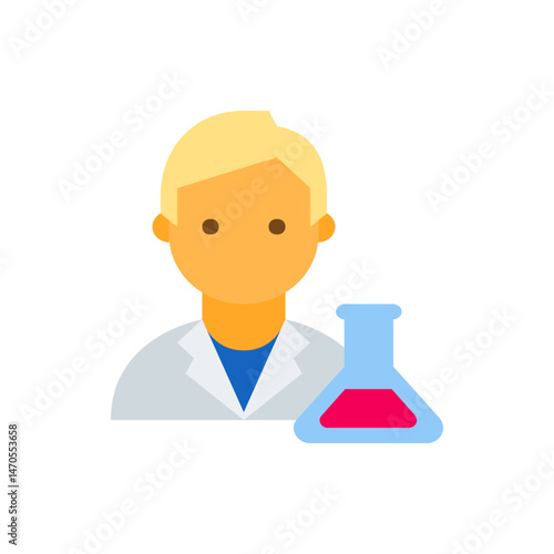 Illustration of a scientist with blonde hair wearing a lab coat next to a blue flask with red liquid