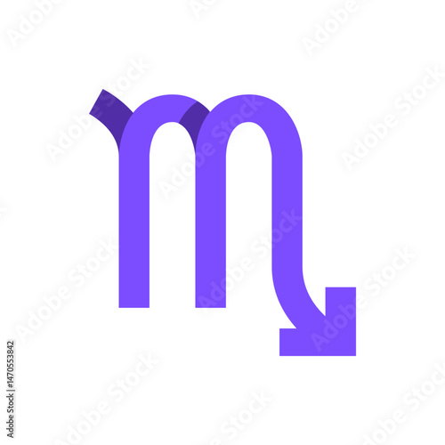 Illustration of a stylized purple scorpio zodiac sign with a curved tail on a white background design