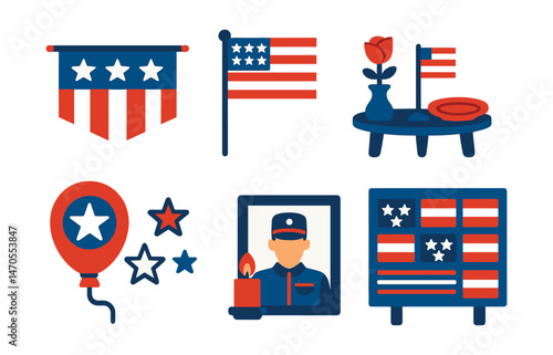 Flat vector icons of Veterans Day decorations: banner with stars and stripes, porch flag, tabletop tribute, front yard sign, parade balloon with emblem, light-up stars, framed photo with candle, wall