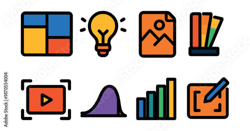 Flat vector icons of creative direction: moodboard, inspiration icon, scene sketch, color tone, camera framing, story arc, tone chart, editing style.
