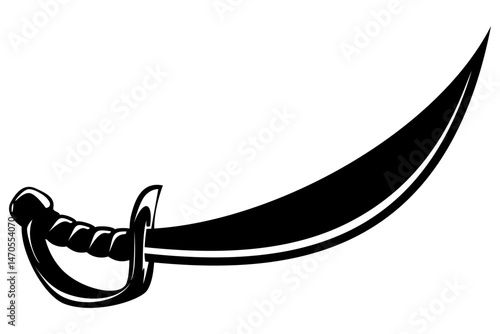 Vector Illustration of Single Black Saber Silhouette, Curved Medieval or Pirate Sword Icon Isolated on White Background, Perfect for Game or Story Elements 