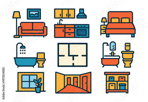 Flat vector icons of interior layout: living room, kitchen, bedroom, bathroom, floor plan, open space icon, hallway, storage room.