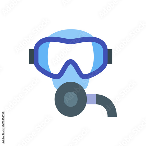 Illustration of a blue scuba diving mask with a regulator and breathing tube on a white background