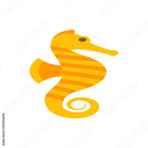 Illustration of a yellow and orange striped seahorse with a curly tail on a white background design art
