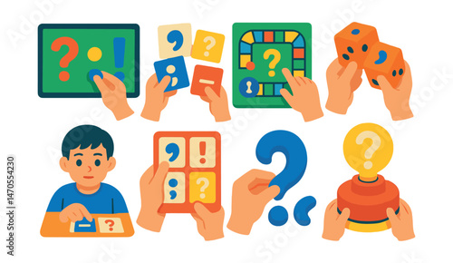 Flat vector icons of hands-on grammar activities: magnetic punctuation symbols on board, punctuation card sorting, grammar board game with symbols, dice with punctuation marks, student matching
