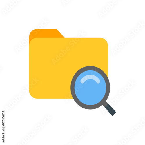 A yellow folder icon with an orange tab is being examined by a blue magnifying glass on a white background