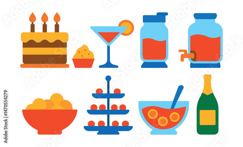 Flat vector icons of food and drinks: birthday cake, cupcakes, cocktail glass, drink dispenser, snack bowl, tiered tray, punch bowl, champagne bottle.