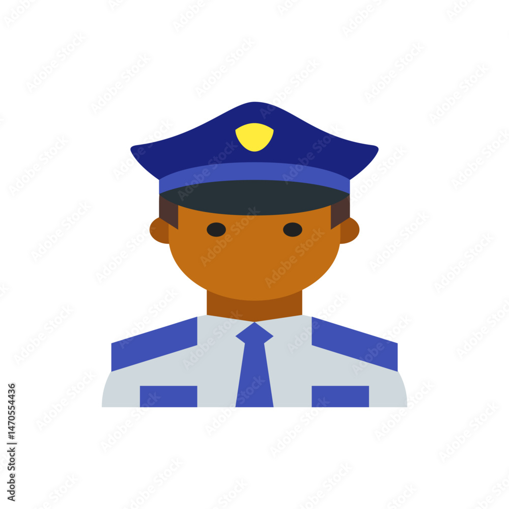 Illustration of a police officer with a blue hat and tie against a white background in a flat design style Illustration of a police officer with a blue hat and tie against a white background in a flat design style