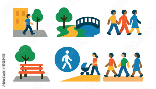 Flat vector icons of walking-friendly cities: wide pedestrian sidewalk, park path with trees, footbridge, walking group, street bench with shade, pedestrian-only sign, stroller-friendly ramp, street