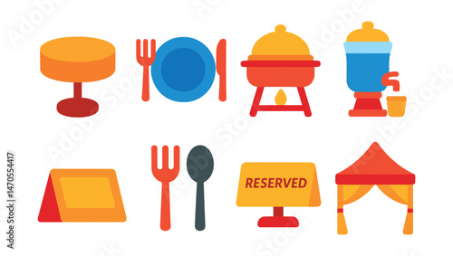 Flat vector icons of seating and dining: round table, place setting, buffet tray, drink station, food label, cutlery icon, reserved sign, dining tent.