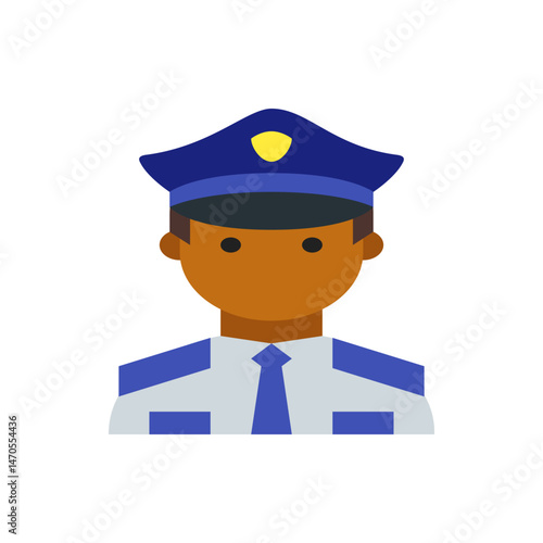 Illustration of a police officer with a blue hat and tie against a white background in a flat design style