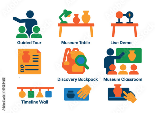 Flat vector icons of educational museum features: guided tour icon, museum workshop table, live demo corner, student activity sheet, discovery backpack, museum classroom, timeline wall, hands-on
