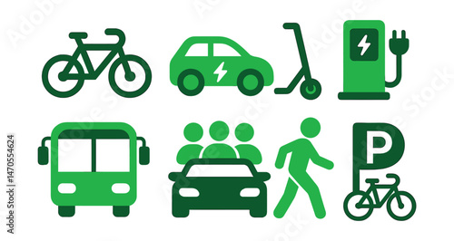 Flat vector icons of green transportation: bicycle, electric car, scooter, EV charger, public transport, carpool icon, walk icon, bike parking.