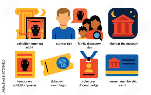 Flat vector icons of museum events: exhibition opening night, curator talk, family discovery day, night at the museum icon, temporary exhibition poster, ticket with event logo, volunteer docent badge
