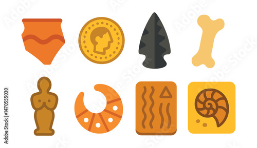 Flat vector icons of archaeological finds: clay pot shard, ancient coin, stone arrowhead, bone fragment, bronze figurine, shell jewelry piece, carved tablet, fossil imprint.