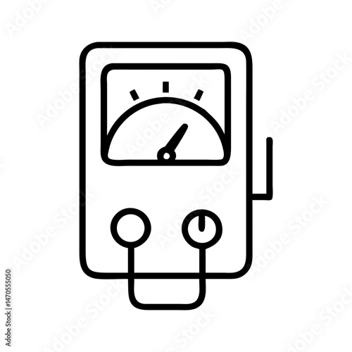 Line icon of analog voltmeter or ammeter with dial and probes, black outline style, concept of electrical measurement and voltage testing device