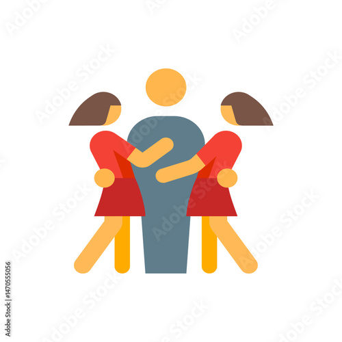 Two figures in red dresses embracing a central figure with a yellow circle above their head in a group hug