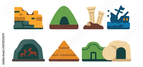 Flat vector icons of ancient structures and sites: stone wall remains, burial mound, column ruins, sunken shipwreck, cave with paintings, pyramid base, hill fort outline, open tomb icon.
