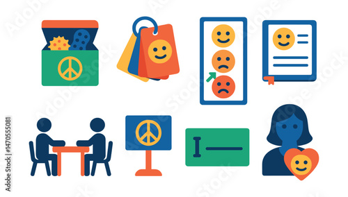 Flat vector icons of classroom emotional tools: calm-down box, emotion cards with ring, morning feelings chart, journal with face icons, peer mediation table, peace table sign, “I message” sentence