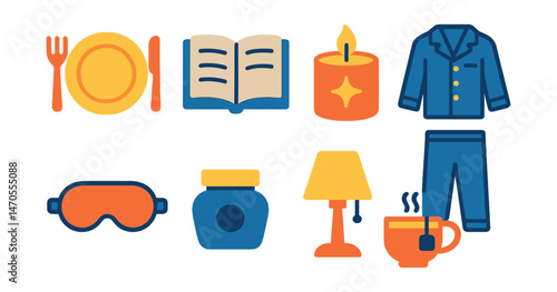 Flat vector icons of evening routine: dinner plate, reading book, scented candle, pajamas, sleep mask, night cream, dim lamp, bedtime tea.