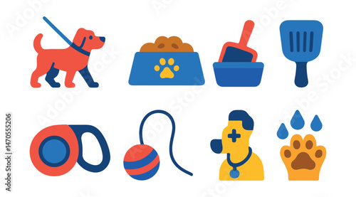 Flat vector icons of pet care routine: dog walk, cat food bowl, litter box, leash, grooming brush, playtime toy, vet visit, clean paws.