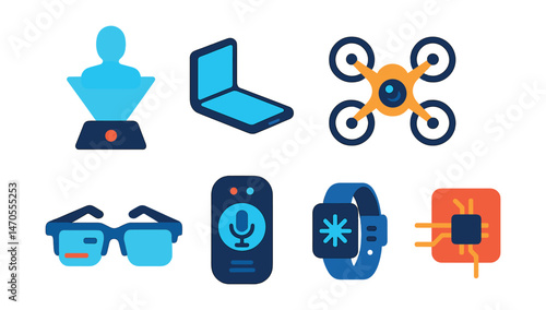 Flat vector icons of futuristic gadgets: hologram projector, foldable phone, drone with camera, self-balancing scooter, smart glasses HUD, voice translator device, gesture control band, smart tattoo
